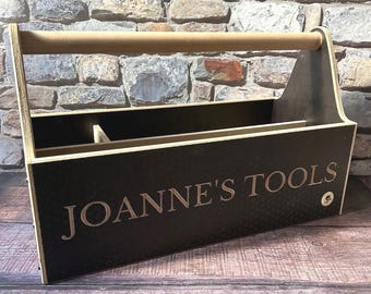 Wooden Engraved Personalised Tool Storage, Large Strong Heavy Duty Hobby Tools Organiser, Custom Brown Wood Quality Tool Box, Bespoke Chest