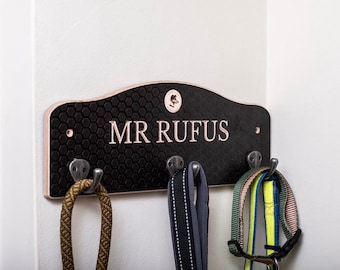 Wooden engraved country walkies lead storage rack, Personalised textured paw print Brown leash hanger, Grey large cartridge peg lead holder