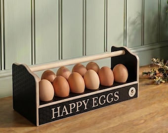 Brown Wooden Engraved Personalised Dozen Egg Holder, Wipe Clean Happy Eggs Lightweight Grey Egg Storage, Ash Wood Handle Chicken Egg Basket