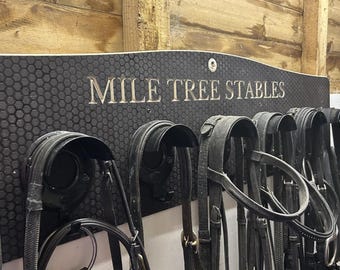 Personalised Wooden Large Engraved Metal Hook Bridle Rack, Wood Custom Horse Halter Hanger, Equestrian Gift Bespoke Brown Headcollar Holder