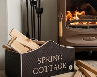 Engraved Personalised Wood Fireside Kindling Holder, Wooden Strong Brown Firewood Storage Basket, Bespoke Quality Grey Sturdy Stick Box
