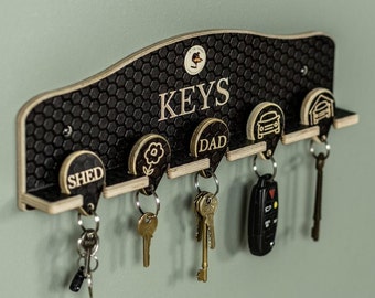 Engraved Personalised wooden key holder wall mounted rack, Custom brown key fob storage organiser, textured grey wood key tags with designs