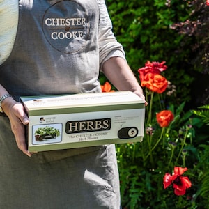 May include: A rectangular cardboard box for a Chester & Cooke herb planter. The box is light green and white with the text HERBS, The CHESTER & COOKE Herb Planter, and a small graphic of a potted plant. The box features a circular logo and text.