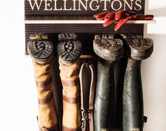 Wooden engraved wall mounted welly boot rack, Quality large personalised wellington storage hanger, Solid wipe clean custom wellie organiser