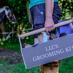 May include: A dark grey grooming kit box with the text "Liz's Grooming Kit" in white, containing brushes, a blue cloth, and a spray bottle. The box has a honeycomb pattern and a wooden handle. A horse is in the background.