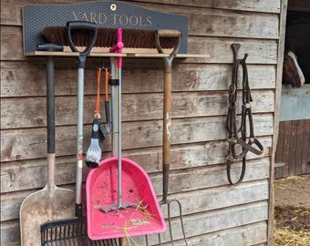 Wooden Brown engraved stable tool rack, Shavings fork and broom tool tidy, Poo pick holder, Grey yard shovel & pitch fork storage organiser