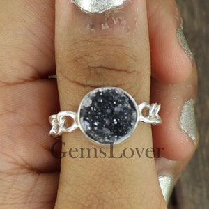 Raw Black Druzy Ring: 925 Sterling Silver Cuban Link