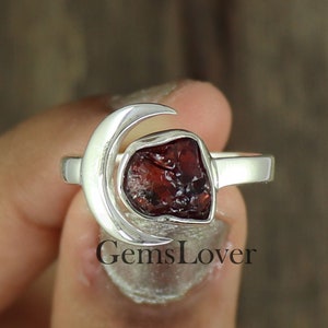Raw Garnet Ring, 925 Sterling Silver Ring, Crescent Moon Ring, Adjustable Ring, Unshaped Healing Crystal Ring, Half Moon Ring, Gift For Her
