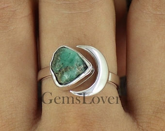 Raw Emerald Sterling Silver Ring: Adjustable Crescent Moon Design