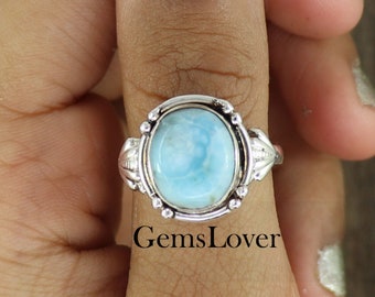 Blue Larimar Ring: Oval Sterling Silver Boho Statement Ring