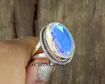 Large Angel Aura Quartz Ring, 925 Sterling Silver Ring, Oval Statement Ring, Bohemian Ring, Everyday Ring, Gift for her, Ring for Women