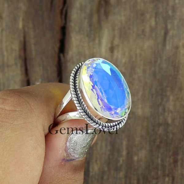 Large Angel Aura Quartz Ring, 925 Sterling Silver Ring, Oval Statement Ring, Bohemian Ring, Everyday Ring, Gift for her, Ring for Women