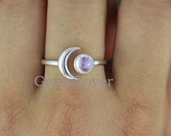 Bague croissant de pierre de lune arc-en-ciel : anneau réglable en argent sterling