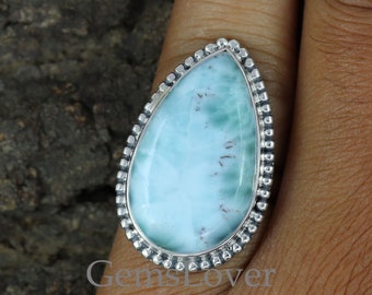 Larimar Sterling Silver Ring: Boho Gemstone Statement Jewelry