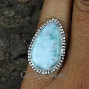 Larimar Ring, Sterling Silver Ring, Boho Statement Ring, Large Gemstone Ring, Bohemian Ring, Dominican Larimar Jewelry, Ocean Larimar Ring