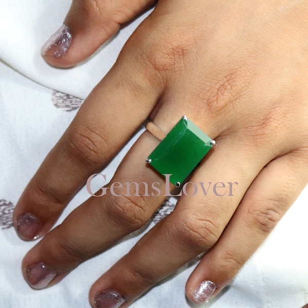 Natural Green Jade Ring, 925 Sterling Silver Ring, Healing Stone Ring, Rectangle Shape Ring, Statement Ring, Handcrafted Ring, Bohemian Ring