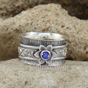 Blue Sapphire Ring, 925 Sterling Silver Ring, Flower Spinner Ring, Spinner band Fidget Ring, Meditation Ring, Women Thumb Ring, Gift For Her