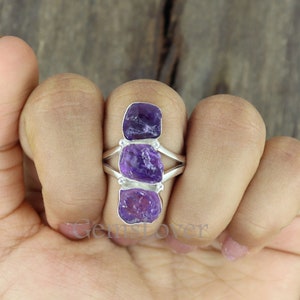 Roher lila Amethyst Ring, 925 Sterling Silber Ring, ungeschnittener roher Stein Ring, Heilstein Ring, Mädchen Ring, drei Stein Ring, Geschenk für sie