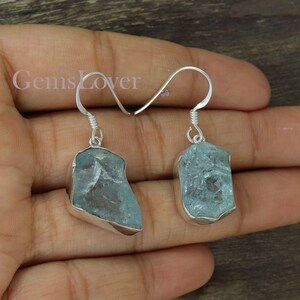Rohe Aquamarin Sterling Silber Ohrringe: Ungeschliffener Edelstein Schmuck