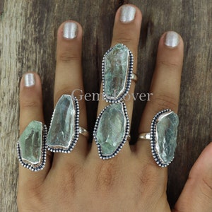 Natural Raw Green Amethyst Ring, Large Stone Ring, Sterling Silver Ring, Bohemian Ring, Uncut Stone Ring, Ring for Women, One Of Kind Ring