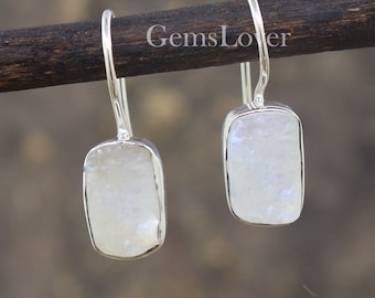 Raw Moonstone Dangle Earrings: 925 Sterling Silver, Blue Fire Stone