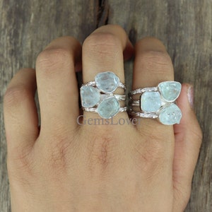 Raw Aquamarine Ring, Natural Uncut Aquamarine Ring, Solid Sterling Silver Raw Aquamarine Ring, Women&#39;s Cluster Ring, Blue Aquamarine Ring
