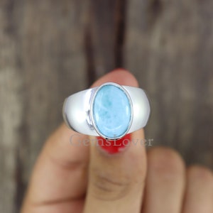 Natural Larimar Signet Ring, 925 Sterling Silver Ring, Boho Statement Ring, Unisex Ring, Men&#39;s Signet Ring, Ocean Larimar Ring, Gift For Him