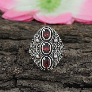 Garnet Ring, 925 Sterling Silver Ring, Three Stone Garnet Ring, Gift for Her, Anniversary Ring, January Birthstone Ring, Middle Finger Ring