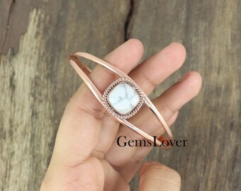 Handmade Howlite Copper Bangle: Adjustable Cuff Bracelet