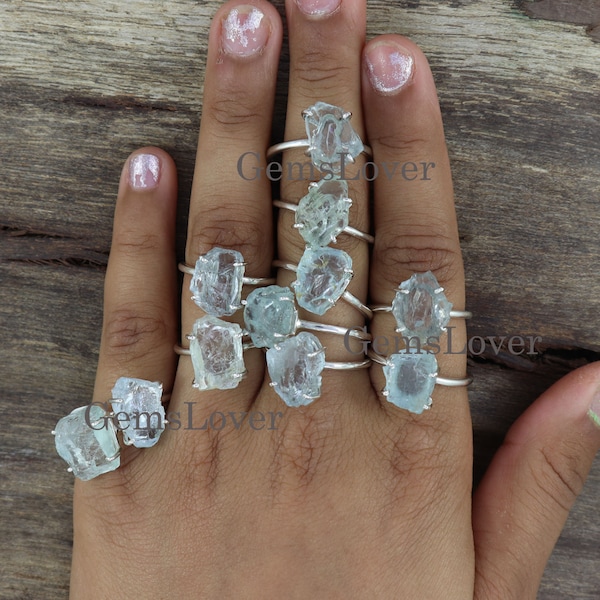 Aquamarine Sterling Silver Ring, Raw Aquamarine Ring, Aquamarine Rough Ring, Uncut Aquamarine Ring, Healing Crystal Ring, Ring for Women
