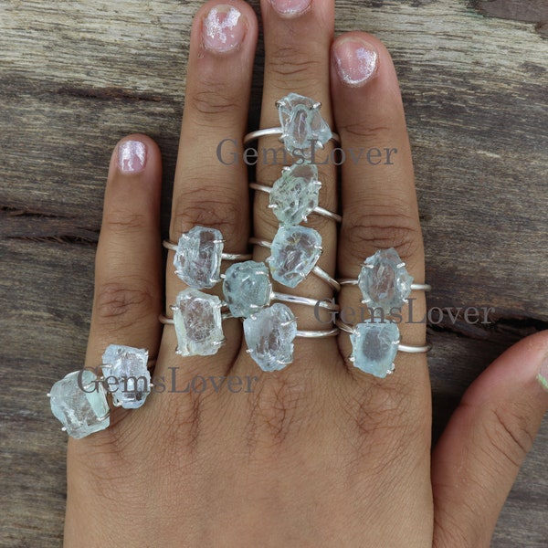 Raw Aquamarine Sterling Silver Ring: Healing Crystal Jewelry