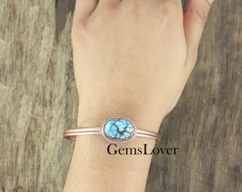 Handmade Turquoise Copper Bangle: Adjustable Open Cuff Bracelet