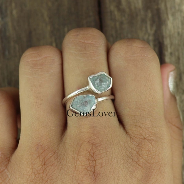 Raw Aquamarine Ring: Adjustable 925 Sterling Silver Statement Ring