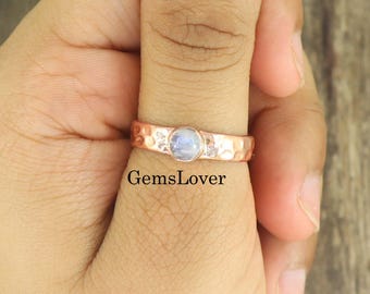 Rainbow Moonstone Copper Ring: Handmade Hammered Healing Jewelry