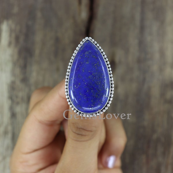 Grande bague naturelle en lapis-lazuli, bague en argent sterling, bague tendance, bague bohème avec pierres précieuses, bague de tous les jours, cadeau pour elle, bague pour femme