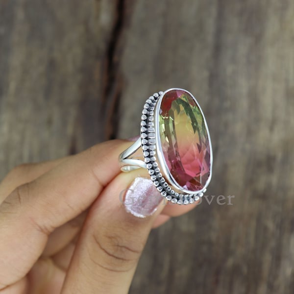 Watermelon Tourmaline Ring, Large Gemstone Ring, Sterling Silver Ring, Bohemian Ring, Ring for Women, Wedding Gift Ring, Artisan Silver Ring