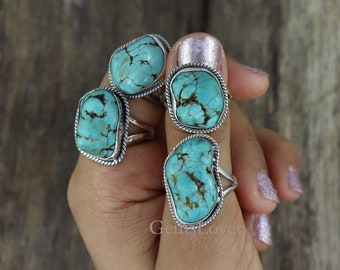 Natural Large Raw Turquoise Ring, Sterling Silver Rings for women, Turquoise Ring, Turquoise Boho Ring, Raw Stone Ring,Chunky Turquoise Ring