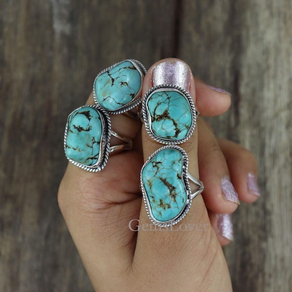 Natural Large Raw Turquoise Ring, Sterling Silver Rings for women, Turquoise Ring, Turquoise Boho Ring, Raw Stone Ring,Chunky Turquoise Ring