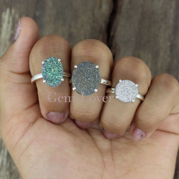 Titanium Druzy Ring, 925 Sterling Silver Ring, Raw Stone Ring, Agate Druzy Ring, Healing Crystal Ring, Women Ring, Boho Ring, Gift For Her