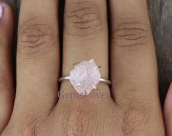 Raw Rose Quartz Ring: Natural Gemstone, 925 Sterling Silver