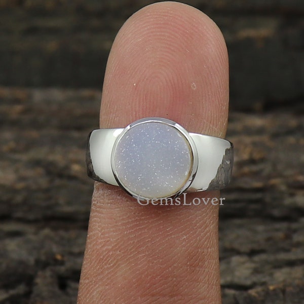 White Druzy Signet Ring, 925 Sterling Silver Ring, Statement Ring, Men's Signet Ring, Druzy Agate Ring, Healing Gemstone Ring, Wedding Ring