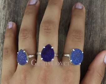 Purple Titanium Druzy Ring, 925 Sterling Silver Ring, Agate Druzy Ring, Healing Crystal Ring, Women Simple Ring, Bohemian Ring, Antique Ring