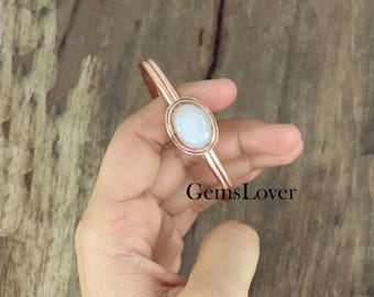Handmade Moonstone Copper Bangle: Adjustable Gemstone Cuff