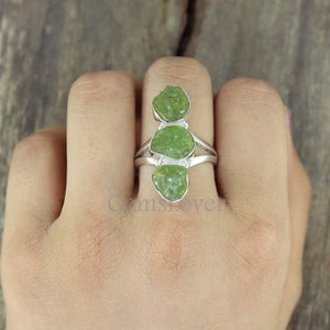 Raw Peridot Ring, Three Stone Ring, 925 Sterling Silver Ring, Uncut Gemstone Ring, Raw Stone Ring, Healing Crystal Ring, Rings for Women Her