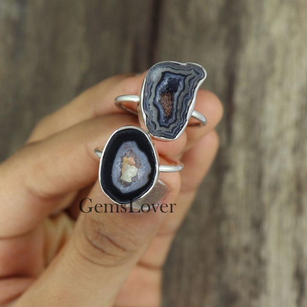 Black Geode Druzy Agate Ring, Raw Agate Ring, Lace Agate Ring, Geode Silver Ring, Chunky Silver Ring, Druzy Stone Ring, Healing Crystal Ring