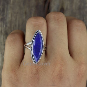 Lapis Lazuli Ring, 925 Sterling Silver Ring, Marquise Shape Stone Ring, Boho Ring, Large Stone Ring, Women Wedding Gift Ring, Gift For Her