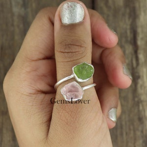 Raw Peridot Ring, Raw Pink Rose Quartz Ring, 925 Sterling Silver Ring, Adjustable Ring, Uncut Stone Ring, Healing Stone Ring, Gift For Her