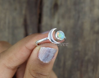 Natural Ethiopian Opal Ring, 925 Sterling Silver Ring, Crescent Moon Ring, Adjustable Ring, Simple Moon Ring, Half Moon Ring, Gift For Her