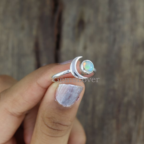 Natural Ethiopian Opal Ring, 925 Sterling Silver Ring, Crescent Moon Ring, Adjustable Ring, Simple Moon Ring, Half Moon Ring, Gift For Her