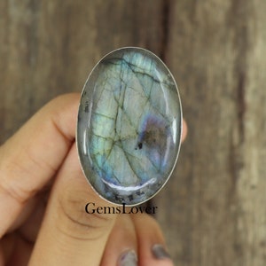 Natural Labradorite Ring, 925 Sterling Silver Ring, Large Stone Jewelry, Boho Statement Ring, Ring For Women, Blue Flash Ring, Gift For Her